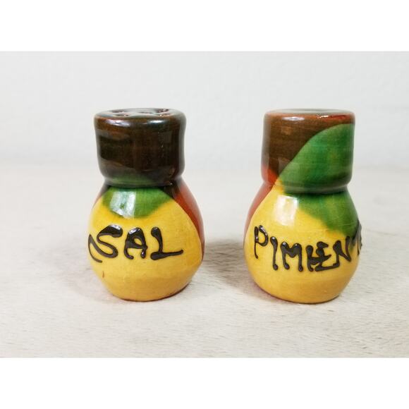 Salt & Pepper Shakers Folk Pottery Sal Pimienta 2 1/2" Ceramic 80's Home Decor - Picture 5 of 15